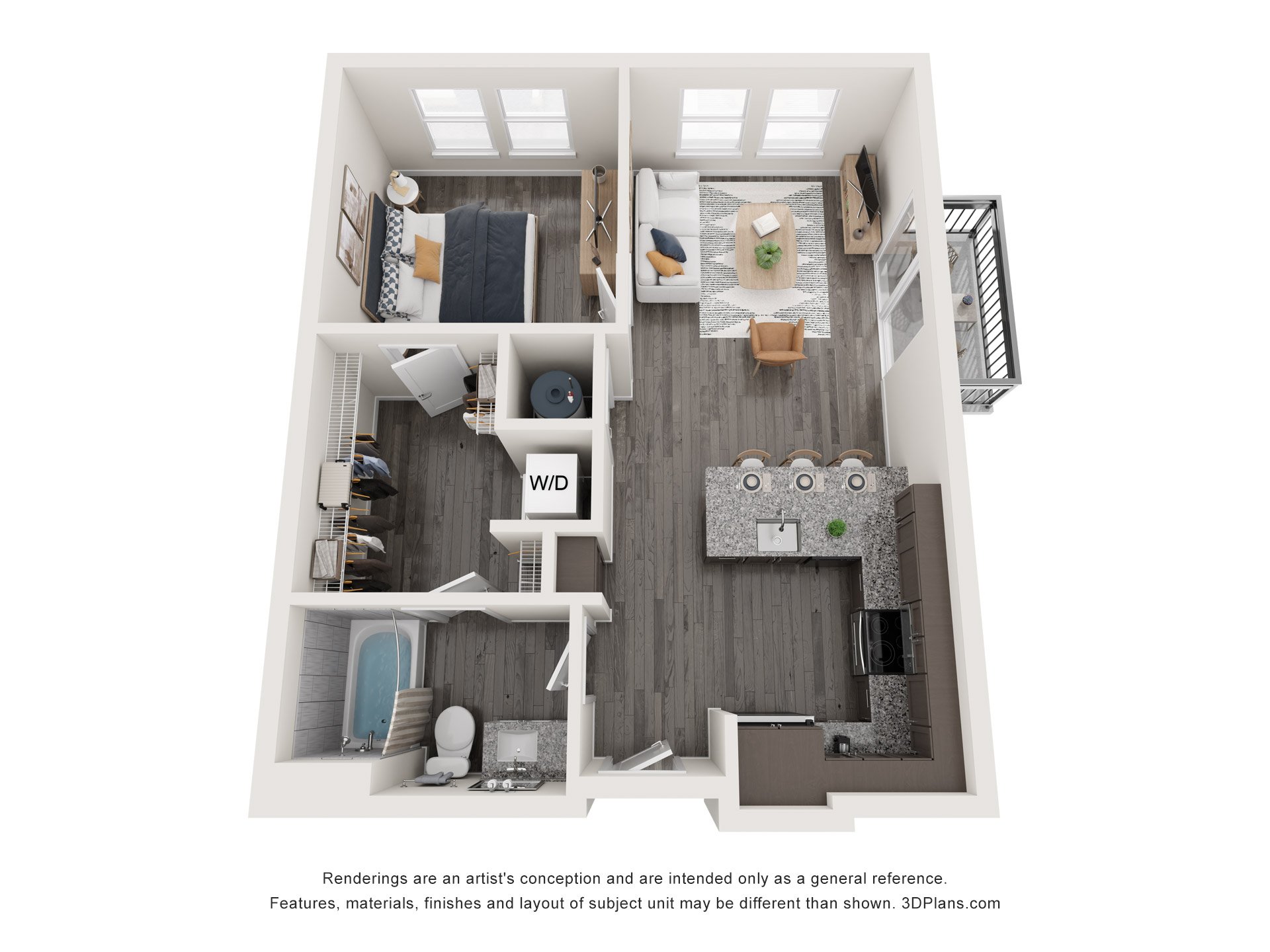Floor plan for 1 bed, 1 bath, 665 sqft